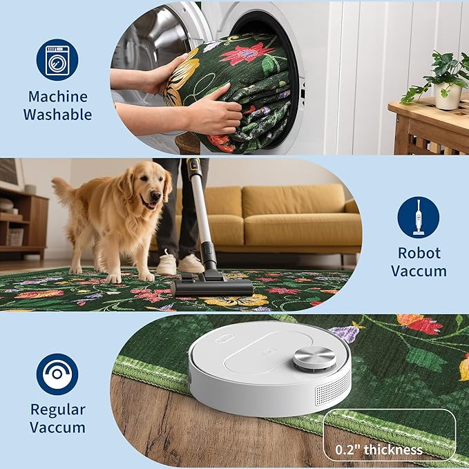 Protea Floral Rug 2x6 Runners for Hallways, Boho Kitchen Runner Rugs Non Slip Bath Runners, Vintage Washable Runner Rug for Bedroom, Soft Long Rugs for Entryway Bathroom Laundry Dorm, Forest Green