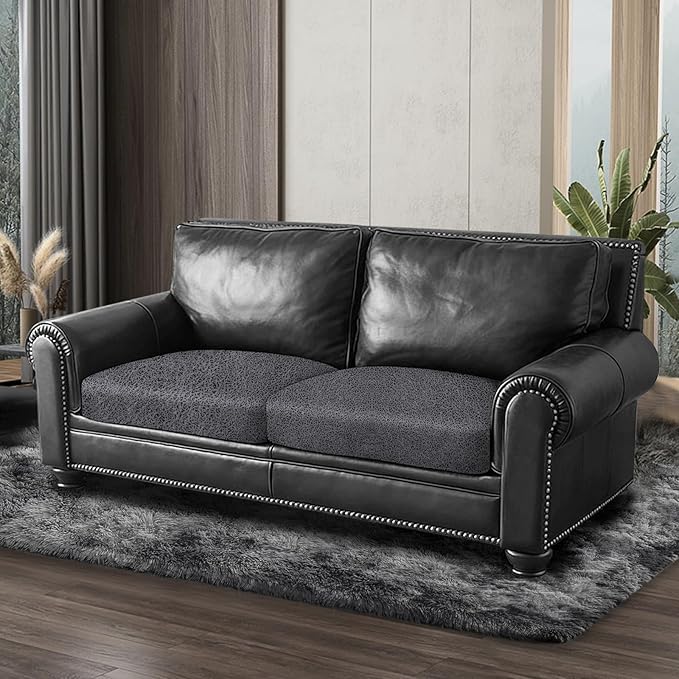 Leather Look Couch Cushion Covers Sofa Seat Slipcovers Sets Couches Furniture Protector for Sectional Armchair Loveseat Pets Kids Stretch Spandex Fabric (2 Cushion Loveseat, Dark Grey)