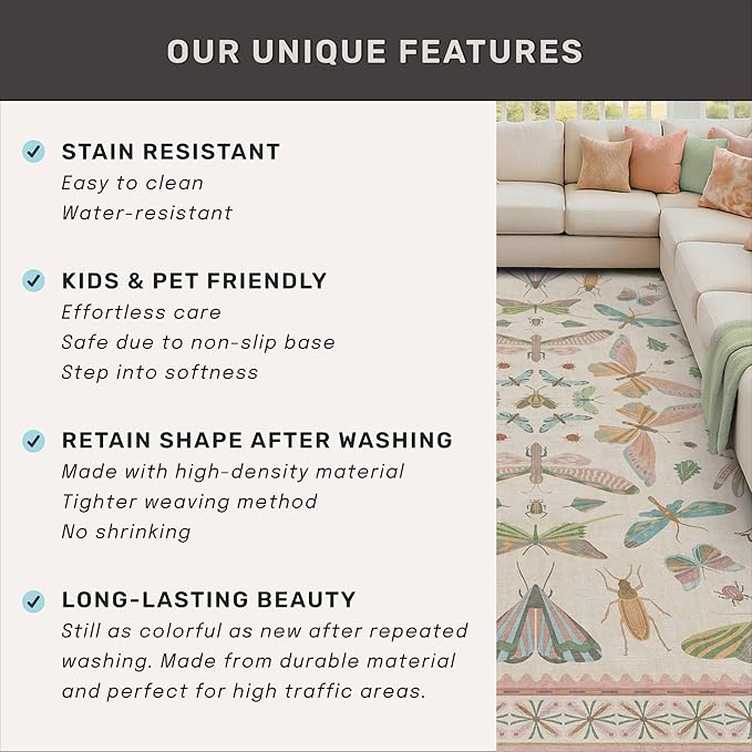Pastel Pink Girls Rugs for Bedroom 6x8 - Washable Area Rug for Living Room, Dining Room Under Table, Boho Butterfly Cut Design, Low Pile & Soft Stain Resistant Carpet