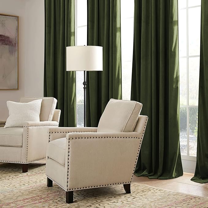 RYB HOME Olive Green Velvet Curtains with Hook Tape, Thermal Insulated Privacy Protect Decorative Drapes for Sliding Glass Door, W 62 x L 90 inches, 2 Panels Set