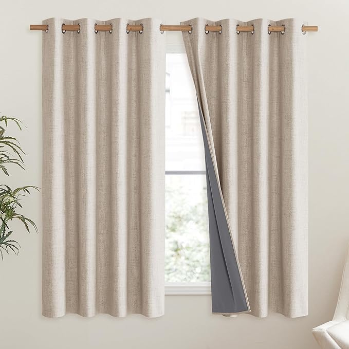 NICETOWN Cream 100% Blackout Linen Curtains 45 inch Long Burg for Living Room, 1 Pair, 52" Width Each Panel, Farmhouse Thick Completely Blackout Window Treatment Thermal Insulated Drapes