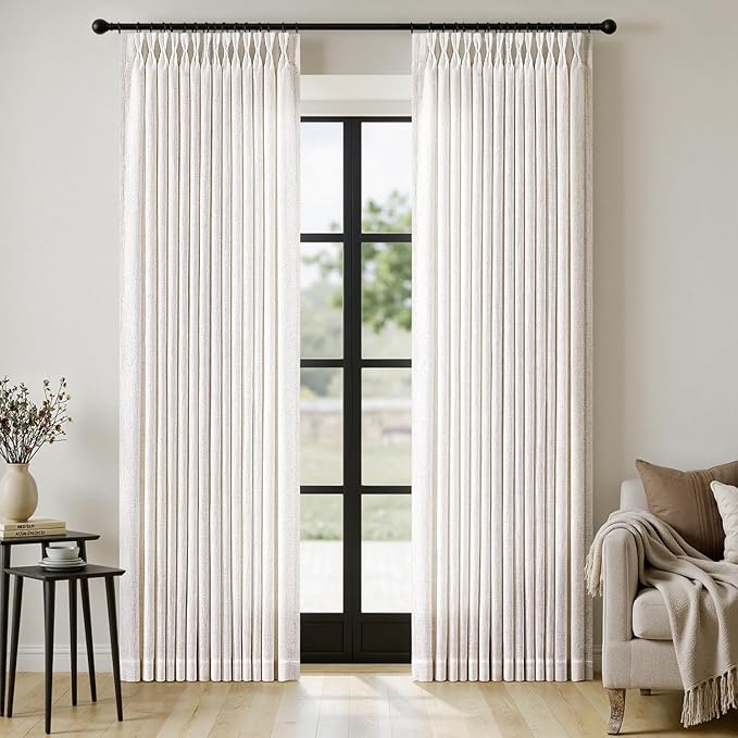 MIULEE Pinch Pleated Thick Linen Curtains 96 Inches Long 2 Panels for Living Room Bedroom, Memory Trained Pleat Drapes Light Filtering Natural Birch Semi Sheer Window Curtains Hooks Rings Back Tab