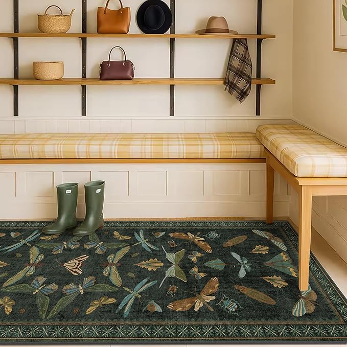 Dark Green 2'6"x12' Long Runner Rugs for Hallway - Boho Wide Washable Non Slip Rug for Indoor Entryway, Kitchen, Low Pile Vintage Whimsical Insect Moth Design, Stain Resistant Ultra Soft Carpet