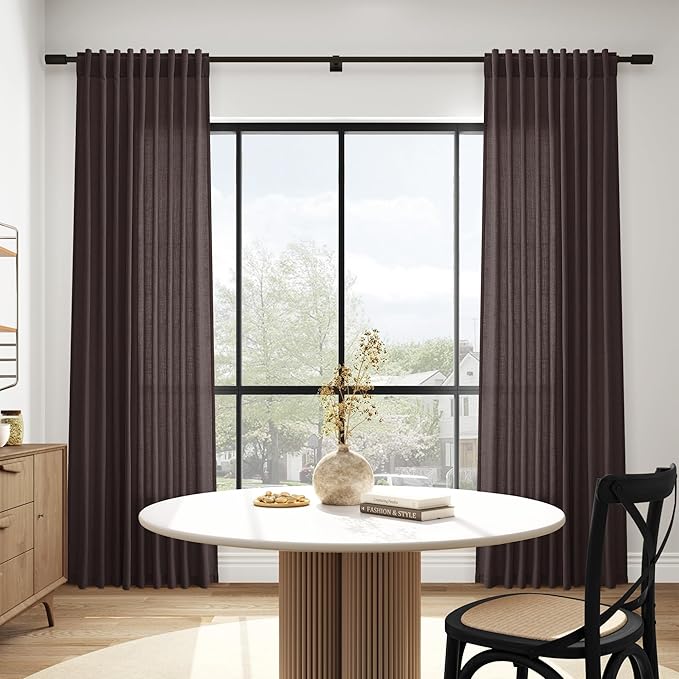 Cocoa Coffee Linen Curtains 90 Inch Long 2 Panels Set for Bedroom Living Room, Soft Linen Textured Window Drapes Semi Sheer Light Filtering Rod Pocket Back Tab Morden Style 52x90