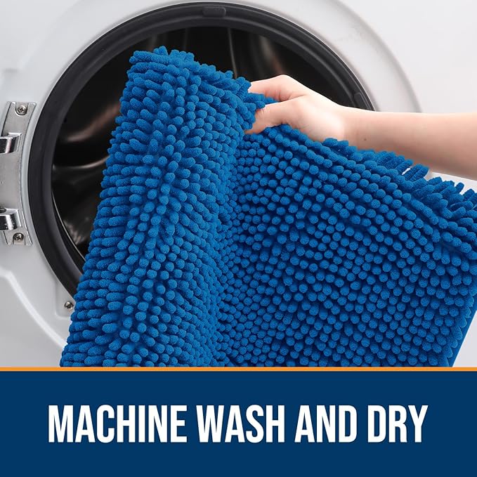 OLANLY Dog Door Mat for Muddy Paws 32x20, Absorbs Moisture and Dirt, Absorbent Non-Slip Washable Doormat, Quick Dry Chenille Mud Mat, Entry Indoor Entryway Carpet for Inside Floor, Deep Navy Blue