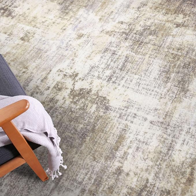 IOHOUZE Abstract Round Area Rug 8 Ft Washable Circle Rugs Large Round Rug Non Slip Thin Soft Circle Rugs, Printed Faux Wool Floor Carpet for Bedroom Living Room Dining Room Nursery, Beige Brown