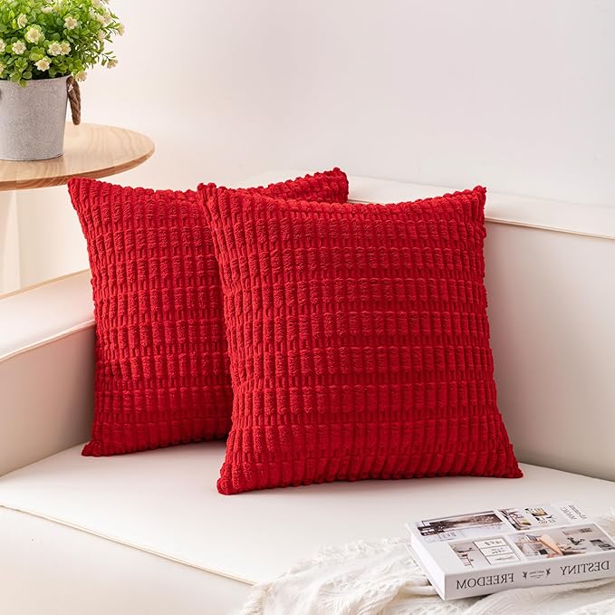 Pack of 2 Christmas Red Corduroy Decorative Throw Pillow Covers 18x18 InchSoft Boho Striped Pillow Covers Modern Farmhouse Home Decor for Sofa Living Room Couch Bed（Red）
