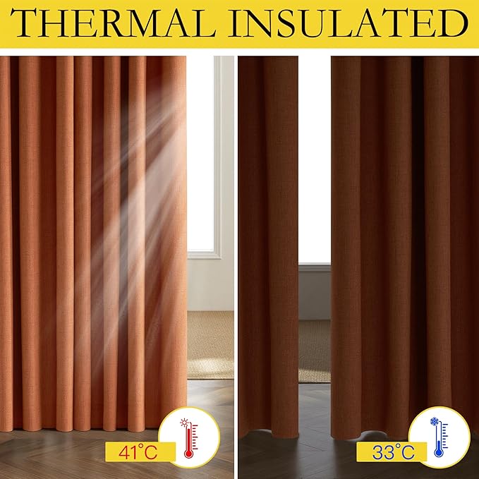 NICETOWN 100% Absolutely Blackout Linen Curtains with Thermal Insulated Liner, Terracotta, 52" Wide, 2 Panels, 63 inches Long Drapes, Grommet Retro Linen Curtains Vertical Drapes Privacy for Bedroom