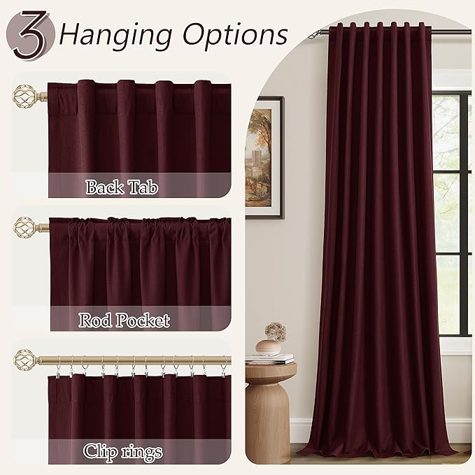 Guken 100% Blackout Curtains 120 Inch Length 2 Panels Set for Living Room Bedroom Back Tab Thermal Insulated Black Out Linen Drapes Room Darkening Window Curtains Burgundy 52x120
