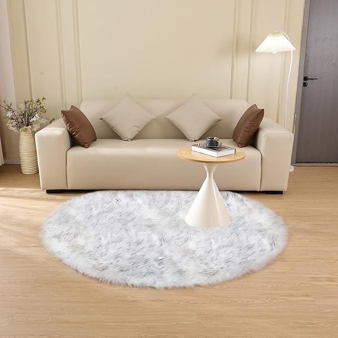 ORINOVA White and Grey Round Rugs 6ft Circle Furry Rug for Living Room Washable Shag Faux Sheepskin Fluffy Fur Rugs for Bedroom Nursery Rug