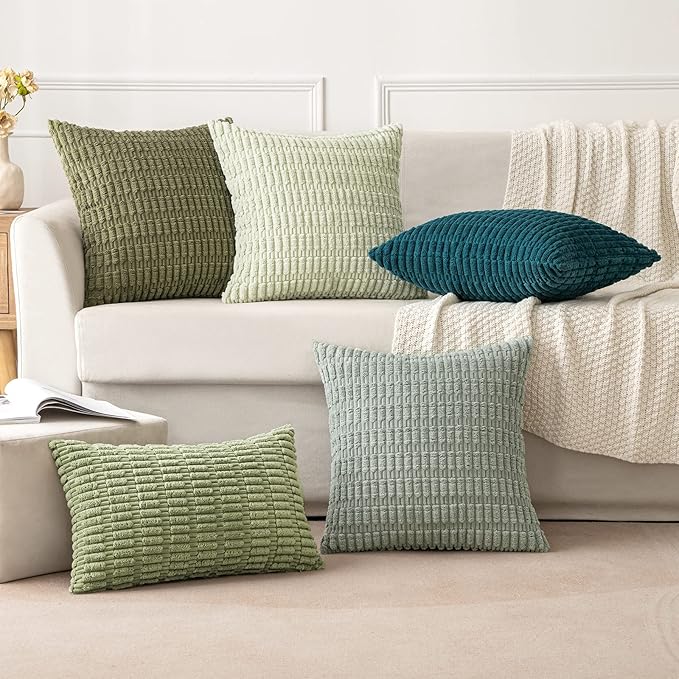 MIULEE Pack of 2 Spring Corduroy Decorative Throw Pillow Covers 18x18 Inch Soft Boho Striped Pillow Covers Modern Farmhouse Home Decor for Summer Sofa Living Room Couch Bed Sage Green