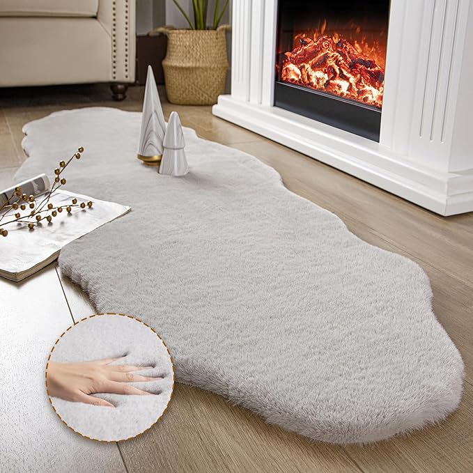 Ashler HOME DECO Ultra Soft Faux Rabbit Fur Chair Couch Cover Area Rug for Bedroom Floor Sofa Living Room Grey 2 x 6 Feet