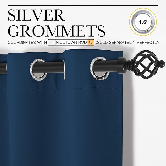 NICETOWN Bedroom Blackout Draperies Panels, 2 Panels, 42 x 72 Inch, Moroccan Blue, Three Pass Microfiber Noise Reducing Thermal Insulated Solid Ring Top Window Curtains