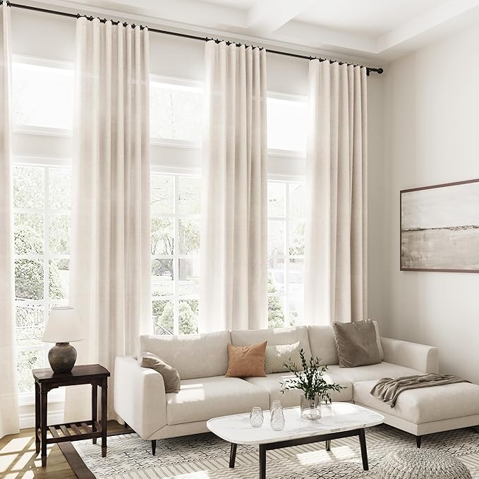 Extra Long Tan Beige Curtains 120 inch Length 2 Panels Set Back Tab Neutral Farmhouse Drapes Light Filtering Semi Sheer Linen Curtain 120 inches Long for Floor to Ceiling Window Patio Sliding Door