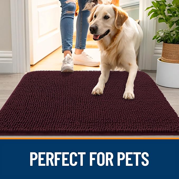 OLANLY Dog Door Mat for Muddy Paws 54x24, Absorbs Moisture and Dirt, Absorbent Non-Slip Washable Doormat, Quick Dry Chenille Mud Mat for Dogs, Entry Indoor Entryway Carpet for Inside Floor, Russet