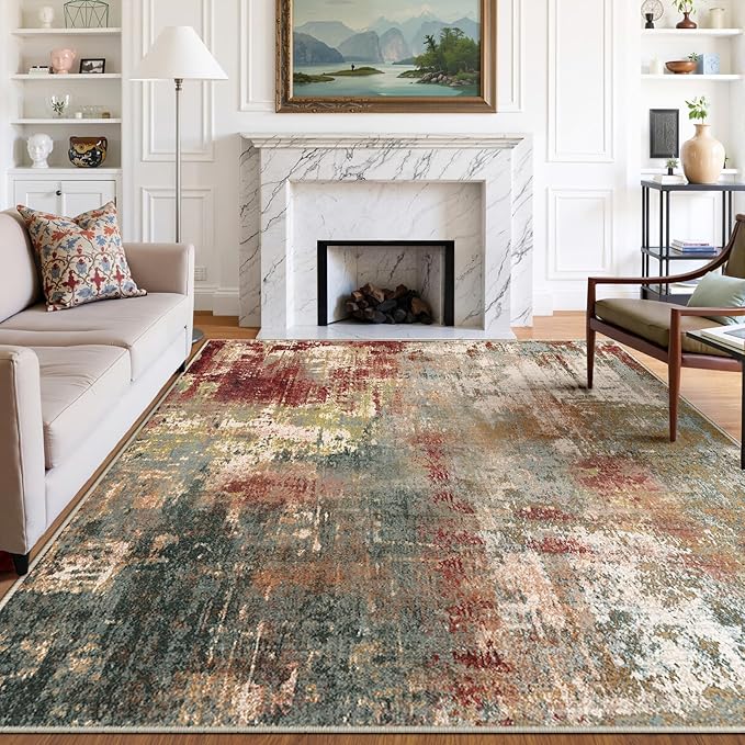 Washable Area Rugs 6'x9' Non-Slip Modern Abstract Soft for Living Room Entryway Bedroom Nursery, Print Pattern, Brown Rust Red Green Blue Multi