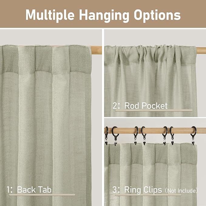 LAMIT 40 Inch Length Linen Curtains for Small Windows, Semi Sheer Light Filtering Panels Back Tab and Rod Pocket Neutral Drapes for Basement/Window/Loft Room, Sage Grey, 2 Panels, 34 x 40 Inch