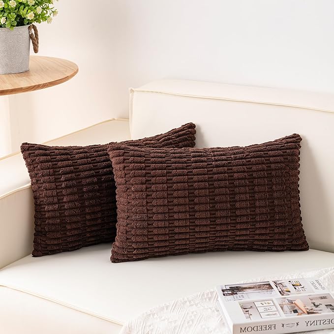 Pack of 2 Corduroy Decorative Throw Pillow Covers 12x24 Inch Soft Striped Pillow Covers Modern Farmhouse Home Decor for Sofa Living Room Couch Bed（Dark Brown）