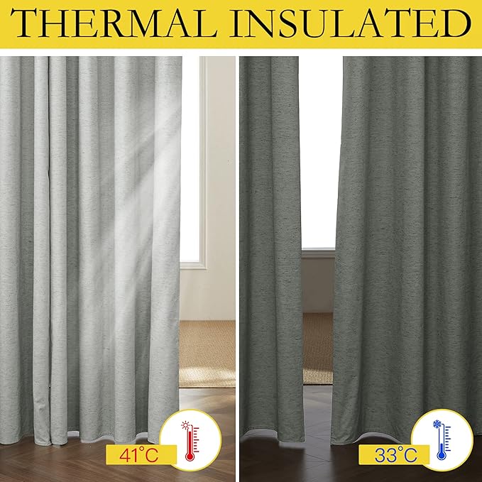NICETOWN Grey 100% Blackout Curtain Panels, Set of 2, 34" Wide by 48" Long, Thermal Insulated White Thermal Insulated Liner Drapes for Nursery, Noise Reducing and Heat Blocking Drapes for Windows