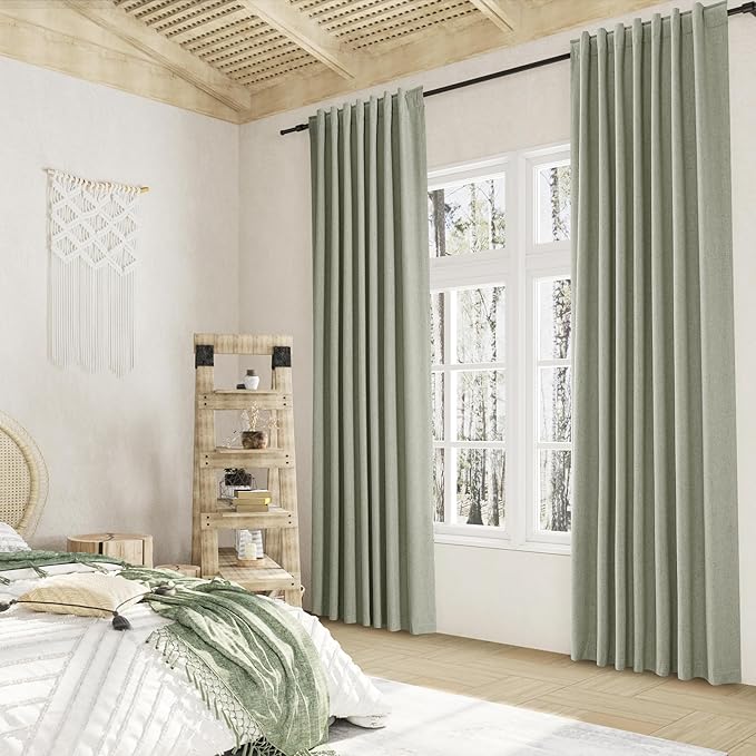 Sage Green 100% Blackout Linen Curtains 95 Inch Length 2 Panels Set for Living Room Bedroom Back Tab Rod Pocket Thermal Insulated Black Out Drapes Room Darkening Window Curtains 95 Inches Long