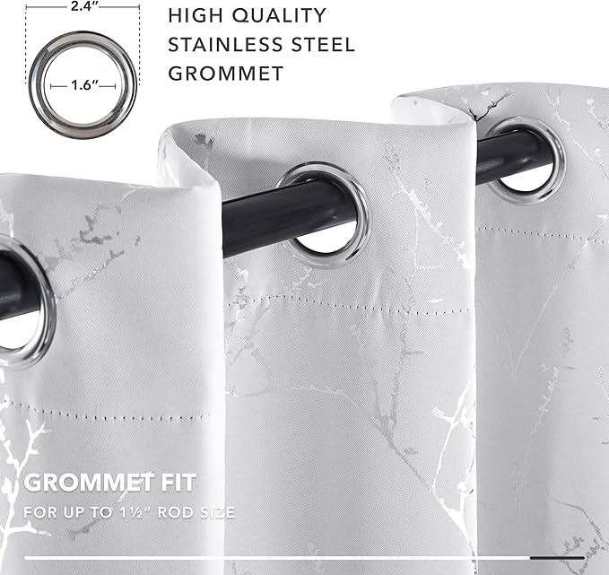 Deconovo Greyish White Curtains, Room Darkening Curtain, Thermal Insulated Soundproof Drapes, Silver Branch Print, 42 x 54 Inch Long, Grommet Window Panels for Living Room Bedroom Kitchen, Set of 2