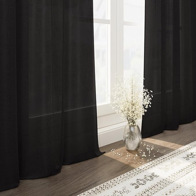 Nanspring Vintage Black Linen Curtains 96 Inches Long for Living Room Light Filtering Semi Sheer Curtain Back Tab Privacy Luxury Gothic Vintage Decor Drapes for Bedroom Office 52x96, 2 Panels