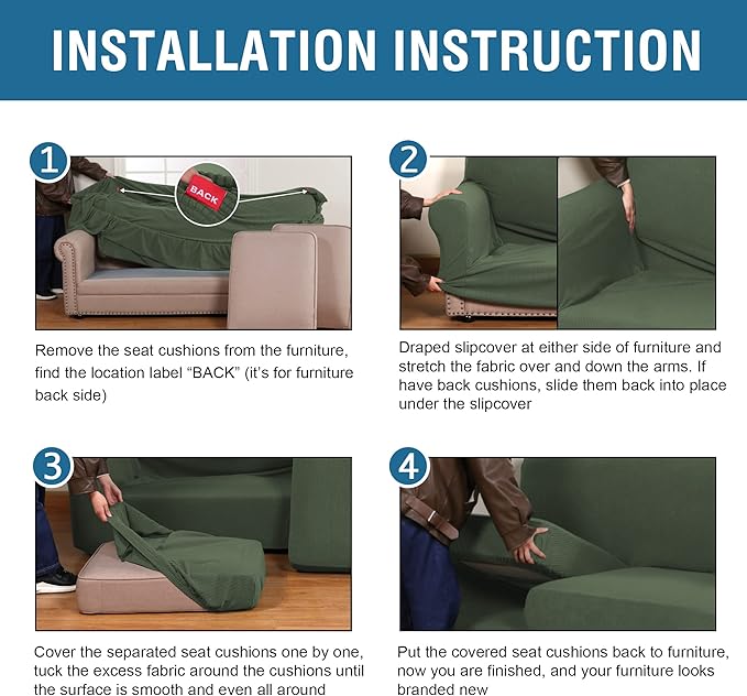 H.VERSAILTEX 4 Piece Stretch Sofa Covers for 3 Cushion Couch Covers for Living Room Furniture Slipcovers (Base Cover Plus 3 Seat Cushion Covers) Upgraded Thicker Jacquard Fabric (Sofa, Bronze Green)
