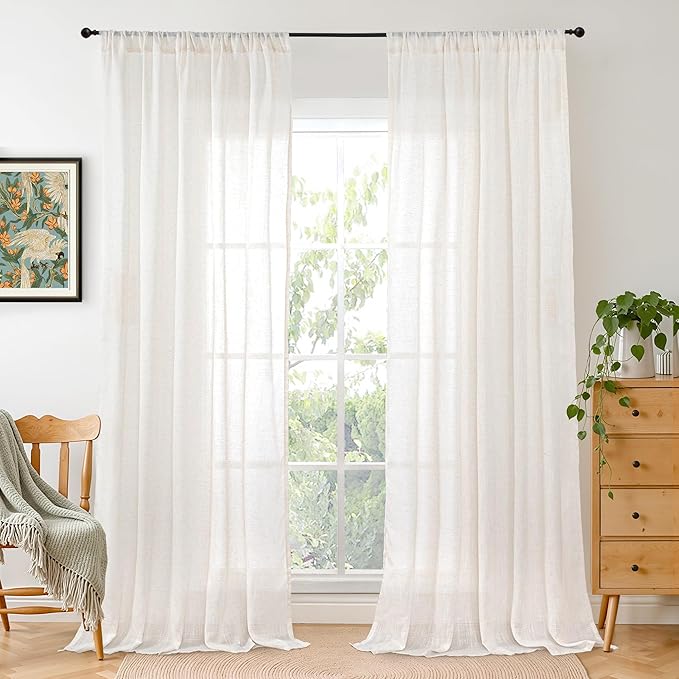BGment 96 Inches Long Linen Curtains for Living Room - Natural Semi Sheer Drapes for Bedroom Dining Room Floor Length Lightweight Rustic with Rod Pocket Light Filtering, 2 Panels Set, 52 X 96 Inch