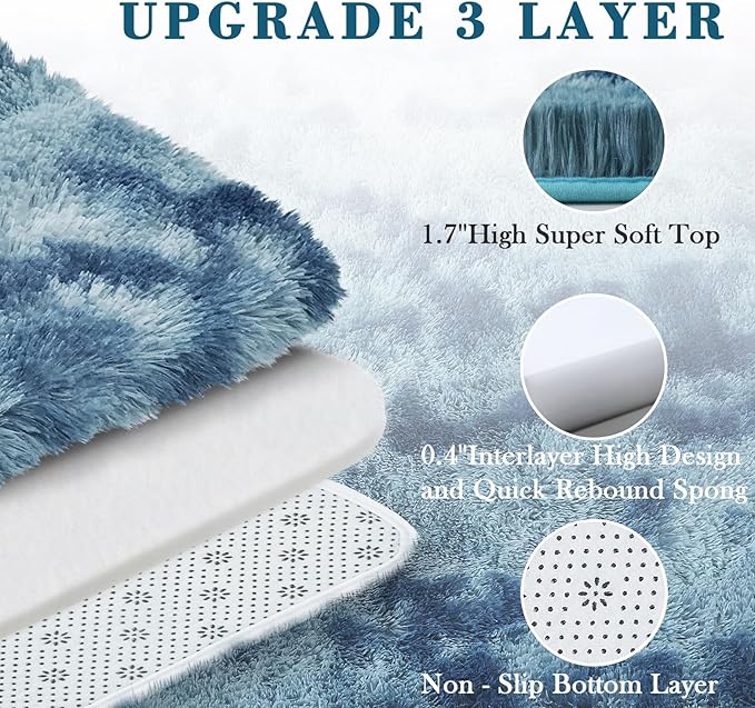 3x5 Rug, Bedside Preppy Dorm Area Rug, College Essentials Small Carpets for Bedroom, Anti Slip Fluffy Gray Living Room Rugs Home Decor(3 x 5, Dark Blue Tie-Dyed)