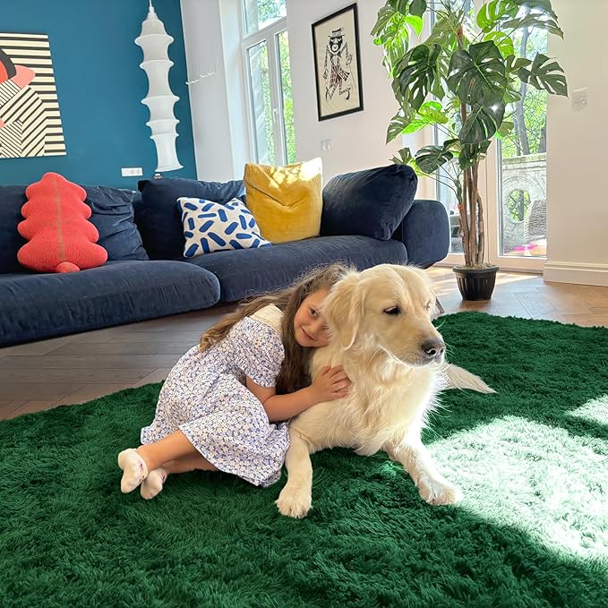 OLANLY 2x6 Machine Washable Runner Rugs for Hallway, Soft Fluffy Shaggy Bedside Rugs for Bedroom, Living Room, Indoor Floor Carpet for Kids Girls Boys, Nursery Rooms, Home Decor Aesthetic, Dark Green