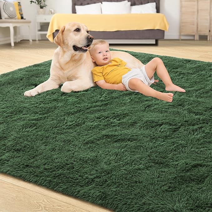 Tepook Soft Fluffy Rugs for Bedroom, 4x6 Area Rug for Living Room, Modern Shaggy Room Rug for Kids Boys Girls, Plush Throw Rugs Indoor Nursery Home Decor Rug with Non-Slip Bottom, Dark Green