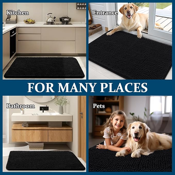 OLANLY Dog Door Mat for Muddy Paws 50x30, Absorbs Moisture and Dirt, Absorbent Non-Slip Washable Doormat, Quick Dry Chenille Mud Mat for Dogs, Entry Indoor Entryway Carpet for Inside Floor, Black