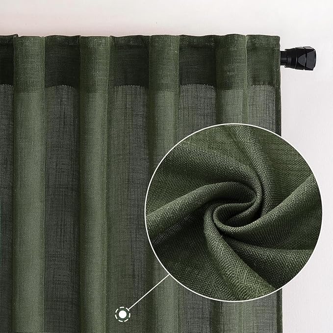 MIULEE Olive Green Linen Curtains 102 Inch Length 2 Panels for Bedroom Living Room, Soft Thick Linen Textured Window Drapes Semi Sheer Light Filtering Back Tab Rod Pocket Burlap Look Decor
