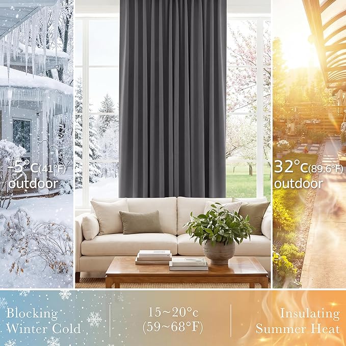 PONY DANCE Short Curtains Half Window Curtains for Bedroom, Privacy Blackout Energy Saving Drapes for Living Room Bathroom Shades, Wide 34 x Long 24 inches per Panel, Grey, 2 Pcs