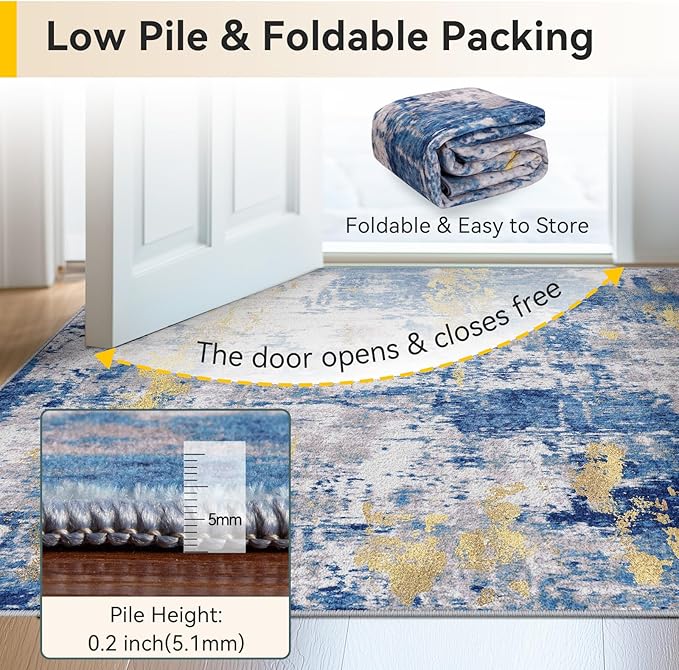 Washable Area Rugs 2'x6' Non-Slip Modern Abstract Soft for Living Room Entryway Bedroom Nursery, Print Pattern, Grey Blue Gold/Golden