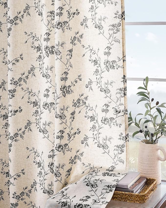 Lazzzy Black Floral Linen Curtains 90 Inch Farmhouse Back Tab Drapes for Living Room Bedroom Light Filtering Vintage Grandmillennial Rod Pocket Curtains, 2 Panels, W38 x L90, Black on Beige