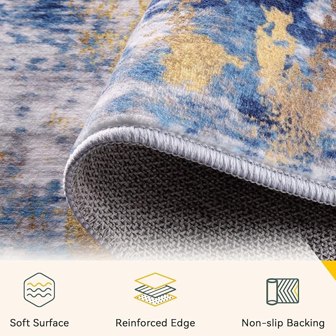 Washable Area Rugs 6'x8' Non-Slip Modern Abstract Soft for Living Room Entryway Bedroom Nursery, Print Pattern, Grey Blue Gold/Golden