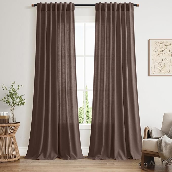 Nanspring Cappuccino Linen Blend Light Filtering Back Tab Curtains 102 Inches Long, Semi Sheer Privacy Drapes for Living Room & Bedroom, 52x102 inch, 2 Panels