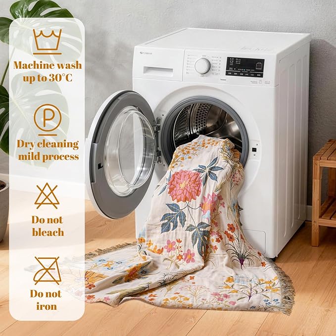 MSGKV Boho Throw Blanket for Bed 60"x80" Cotton Floral Twin Size Blanket Lightweight Farmhouse Muslin Spring Breathable Couch Blankets Home Decor All Seasons