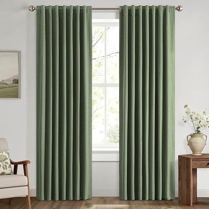 MIULEE 100% Blackout Linen Curtains for Bedroom, Olive Green Solid Luxury Decor Thermal Insulation Room Darkening Drapes for Living Room Nursery Back Tab Rod Pocket 42 x 84 Inches, 2 Panels