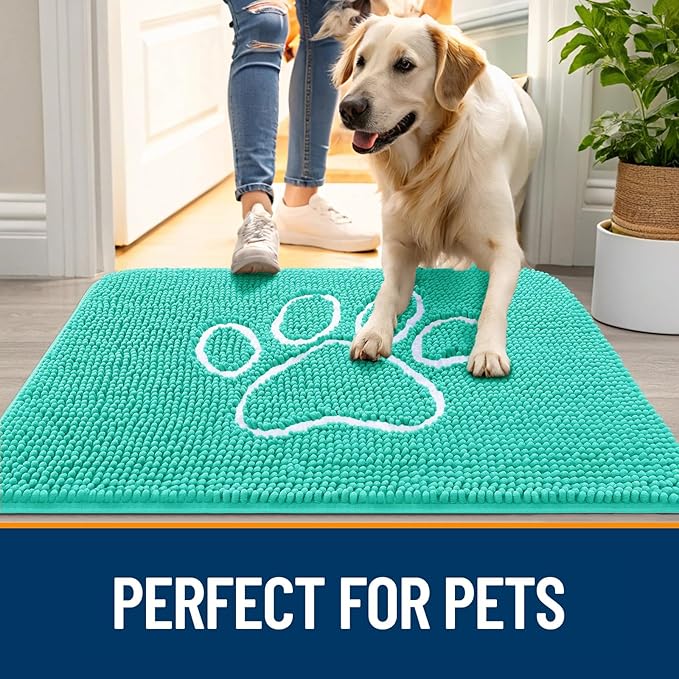 OLANLY Dog Door Mat for Muddy Paws 40x32, Paw Print Design, Absorbs Moisture and Dirt, Absorbent Non-Slip Washable Doormat, Quick Dry Chenille Mud Mat for Dogs, Entry Indoor Entryway Carpet, Teal