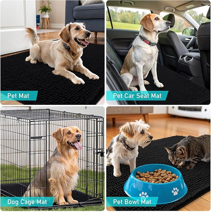 OLANLY Dog Door Mat for Muddy Paws 47x24, Absorbs Moisture and Dirt, Absorbent Non-Slip Washable Doormat, Quick Dry Chenille Mud Mat for Dogs, Entry Indoor Entryway Carpet for Inside Floor, Black