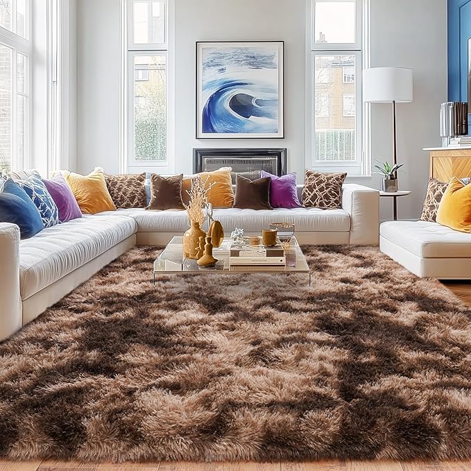 Rugs for Living Room 8x10, Soft Shaggy Modern Shag Area Rug for Bedroom, Upgrade Non-Slip Plush Fluffy Carpet for Kids Boys Girls Room Home Decor Aesthetic, Tie-Dyed Brown