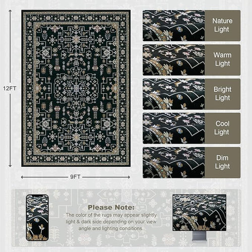 Area Rugs 9x12 Living Room Rug: Washable Rug Soft Vintage Boho Medallion Carpet Indoor Floor Non-Slip Stain Resistant Large Carpets for Bedroom Dining Room Farmhouse Nursery Home Office Black