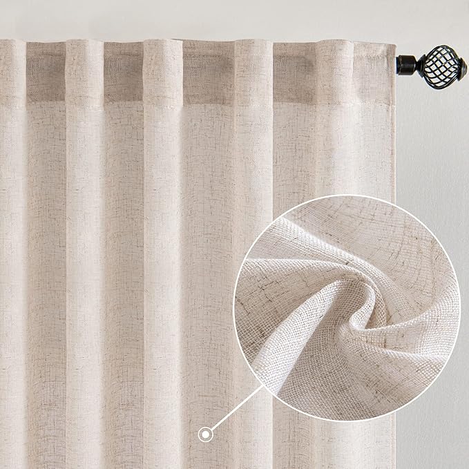 MIULEE Natural White Linen Curtains 104 Inch Length 2 Panels for Bedroom Living Room, Soft Thick Linen Textured Window Drapes Semi Sheer Light Filtering Back Tab Rod Pocket Burlap Look Decor
