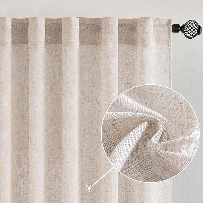 MIULEE Natural White Linen Curtains 100 Inch Length 2 Panels for Bedroom Living Room, Soft Thick Linen Textured Window Drapes Semi Sheer Light Filtering Back Tab Rod Pocket Burlap Look Decor