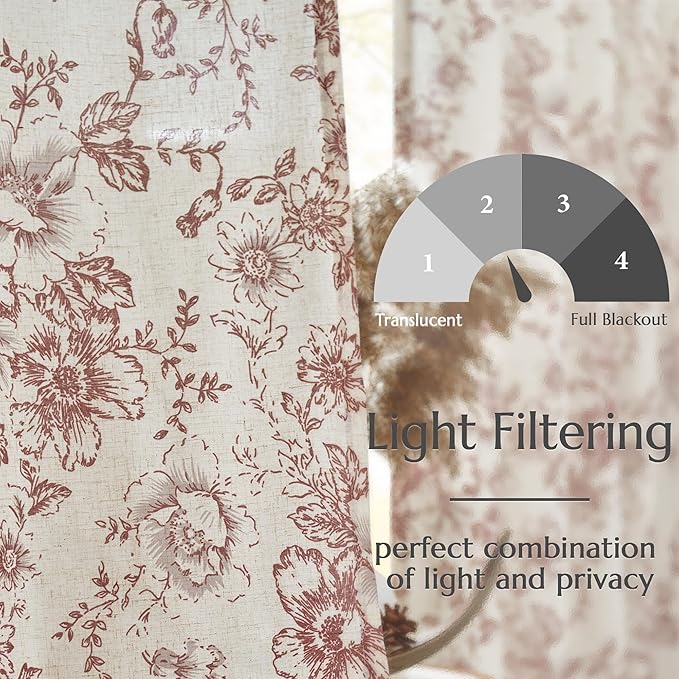 jinchan Linen Blend Curtain Floral Curtains for Living Room 54 Inch Length Farmhouse Brick Red Printed Curtain Rod Pocket Back Tab Peony Flower Patterned Drapes Curtains Set 2 Panels