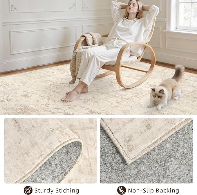 5x7 Area Rugs for Living Room: Vintage Boho Neutral Washable Rug Indoor Soft Large Area Rug Carpet for Bedroom Nursery Farmhouse Dining Room Office Floor Non-Slip Low Pile Under Table Rug Beige/Brown