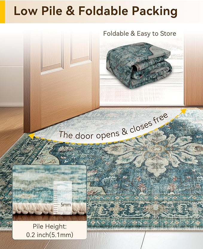 RELEANY Area Rugs 7'x10' Washable Non-Slip, Floral Vintage Distress Print Pattern Medallion Carpet for Living Room Bedroom Dining Room, Dark Blue Vintage