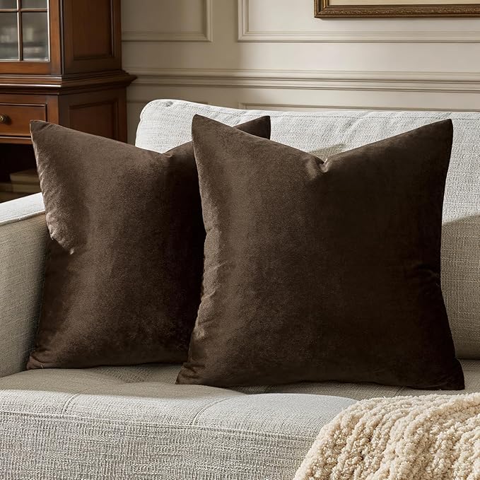 GIGIZAZA Brown Velvet Pillow Covers 22x22,Square Solid Throw Pillow Covers Decorative Modern Pillows Big Vintage Cases for Couch Pack of 2